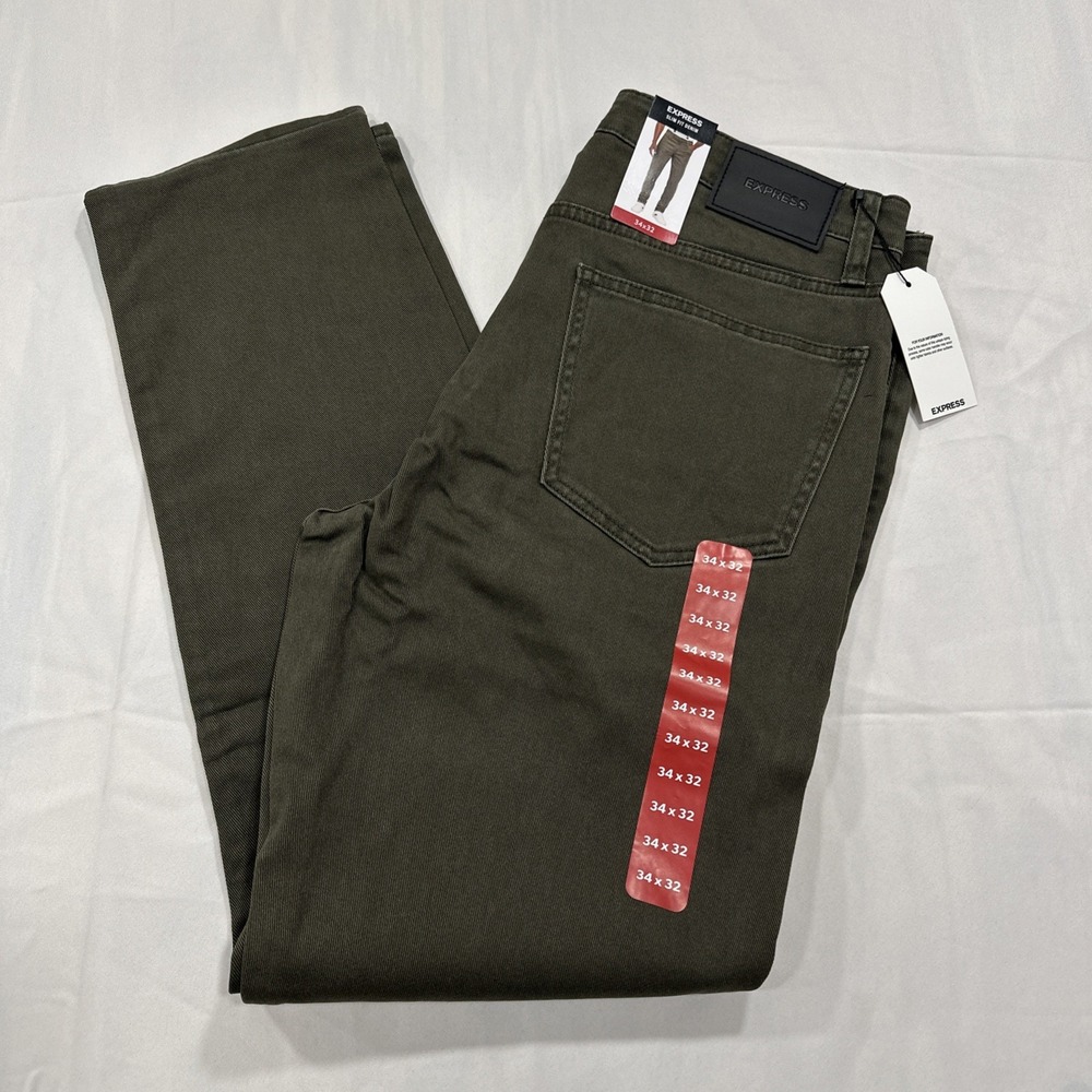 Men's Express Slim Fit Denim Army Green Olive size 34 x 32 NWT